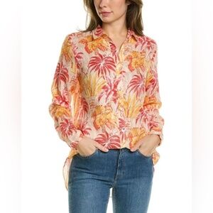 J. MCLAUGHLIN Linen Tropical Floral Button Up Top Size M Yellow Red Orange